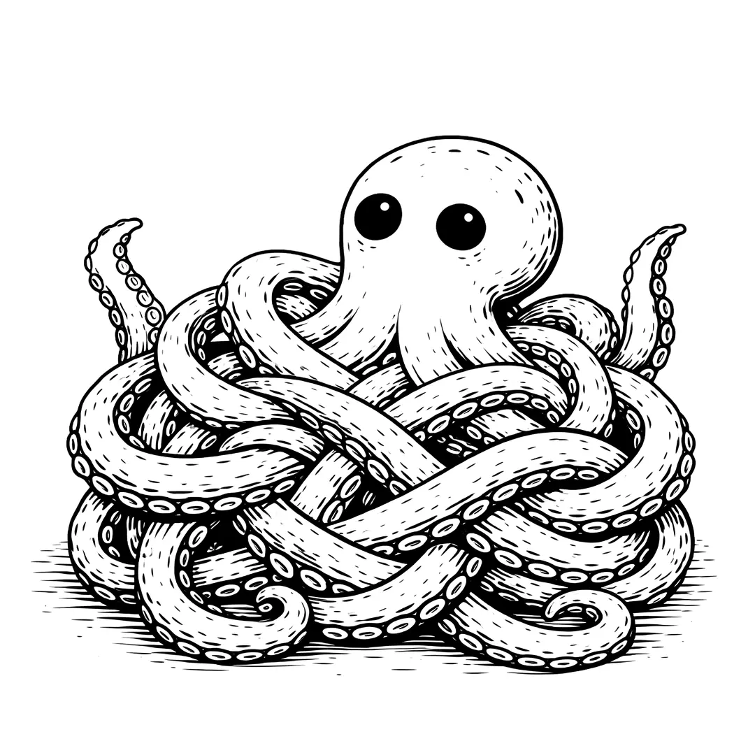 Ilustración editorial en blanco y negro de un pulpo enredado en sus tentáculos, metáfora de los errores frecuentes en la estrategia de marketing