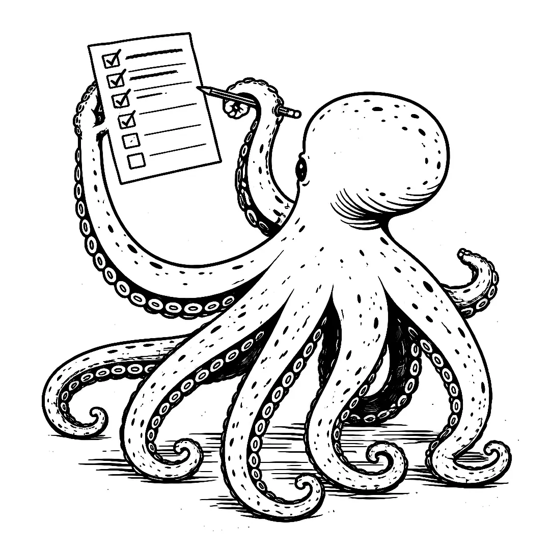 Ilustración editorial minimalista en blanco y negro de un pulpo visto desde atrás, sosteniendo una lista de tareas del plan de marketing y un lápiz con sus tentáculos.